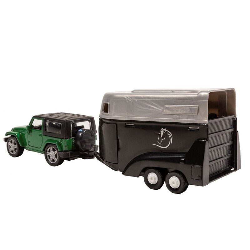 Laad de afbeelding in de Gallery-viewer, Basic City Die-Cast Jeep Met Paardentrailer Groen/Zwart
